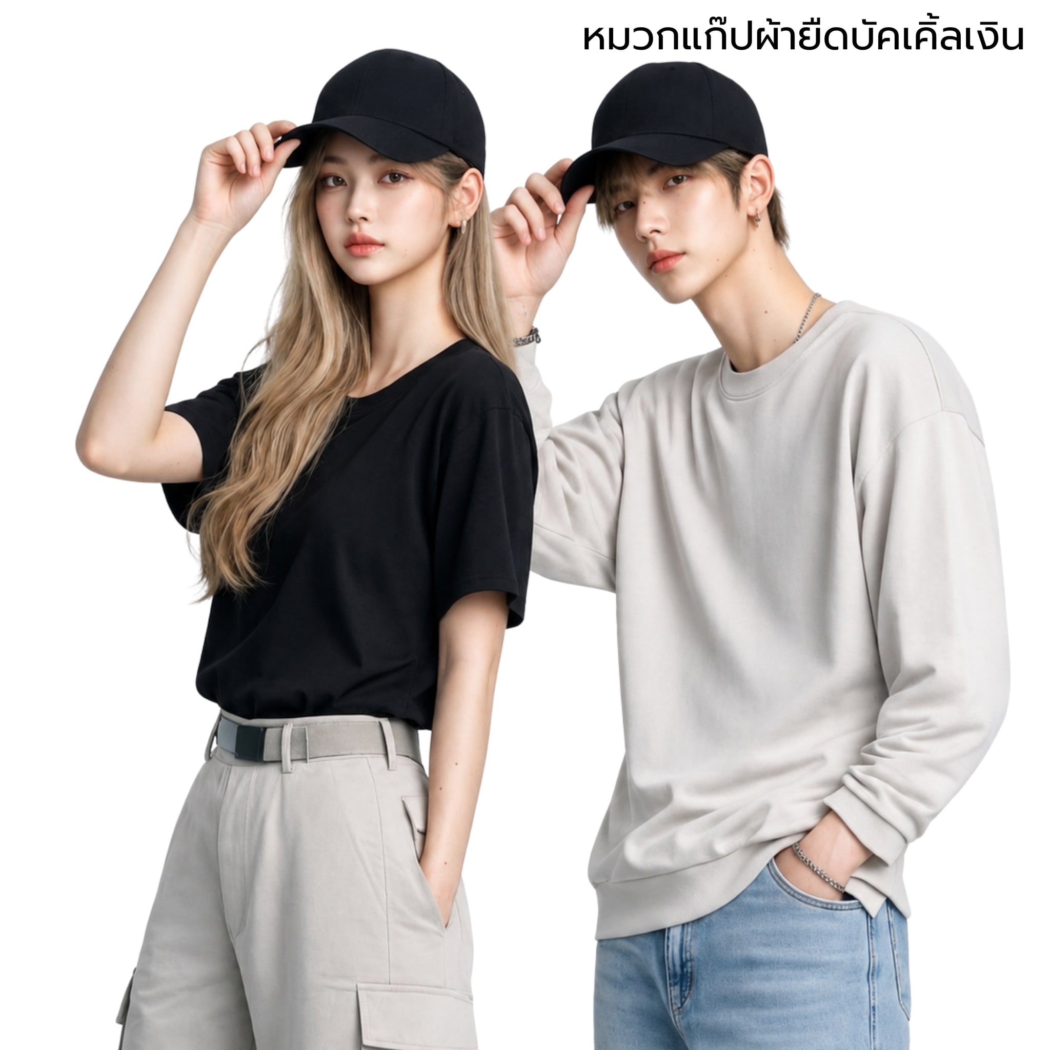 DDPREMIUM┃หมวกเปล่า┃ หมวกแก๊ปผ้ายืด┃ที่ปรับบัคเคิ้ลเงิน┃บริการปักสกรีนตัวหนังสือโลโก้ — ภาพใส่จริง