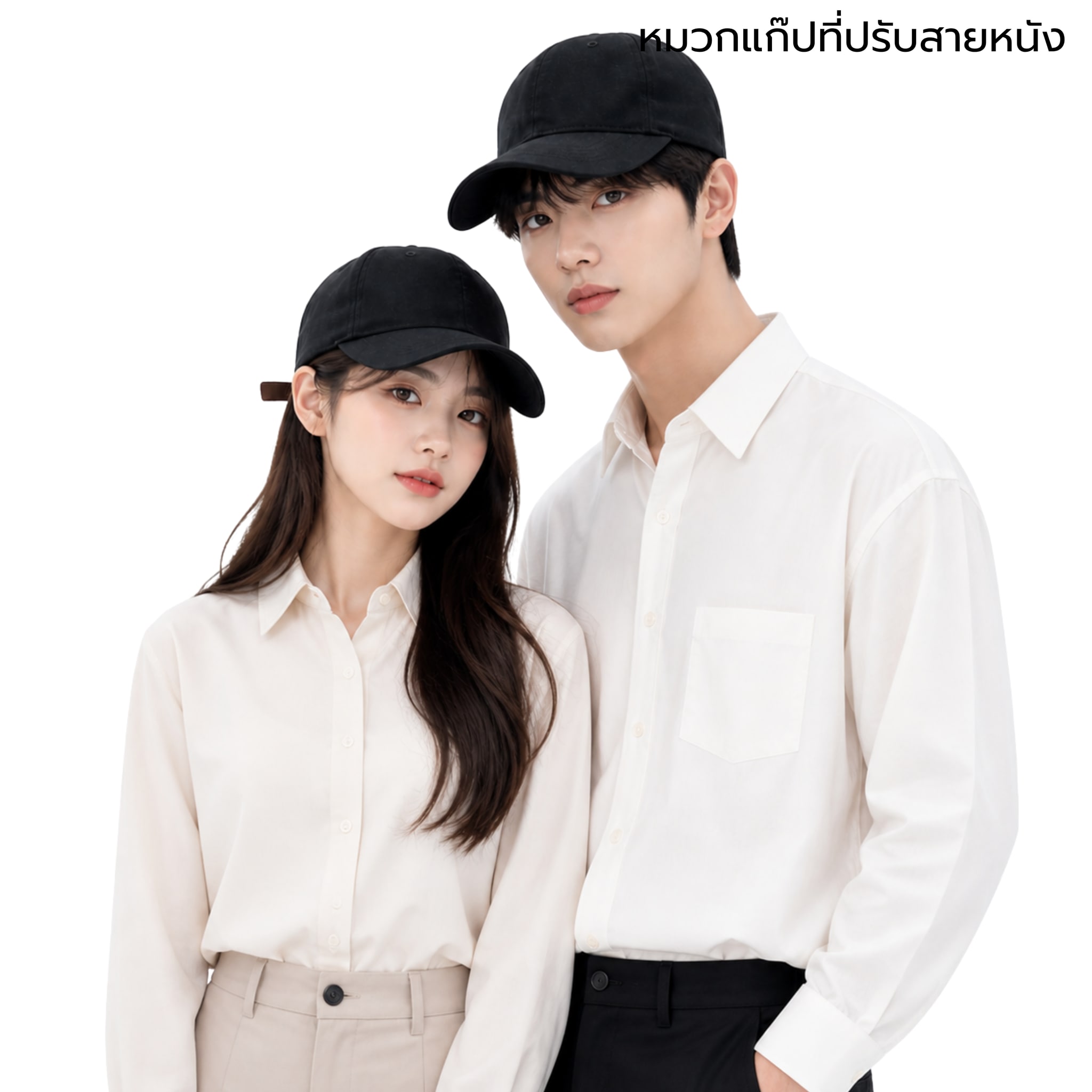 DDPREMIUM┃หมวกเปล่า┃ หมวกแก๊ปปรับสายหนัง┃ที่ปรับบัคเคิ้ลเงิน┃บริการปักสกรีนตัวหนังสือโลโก้ — ภาพใส่จริง
