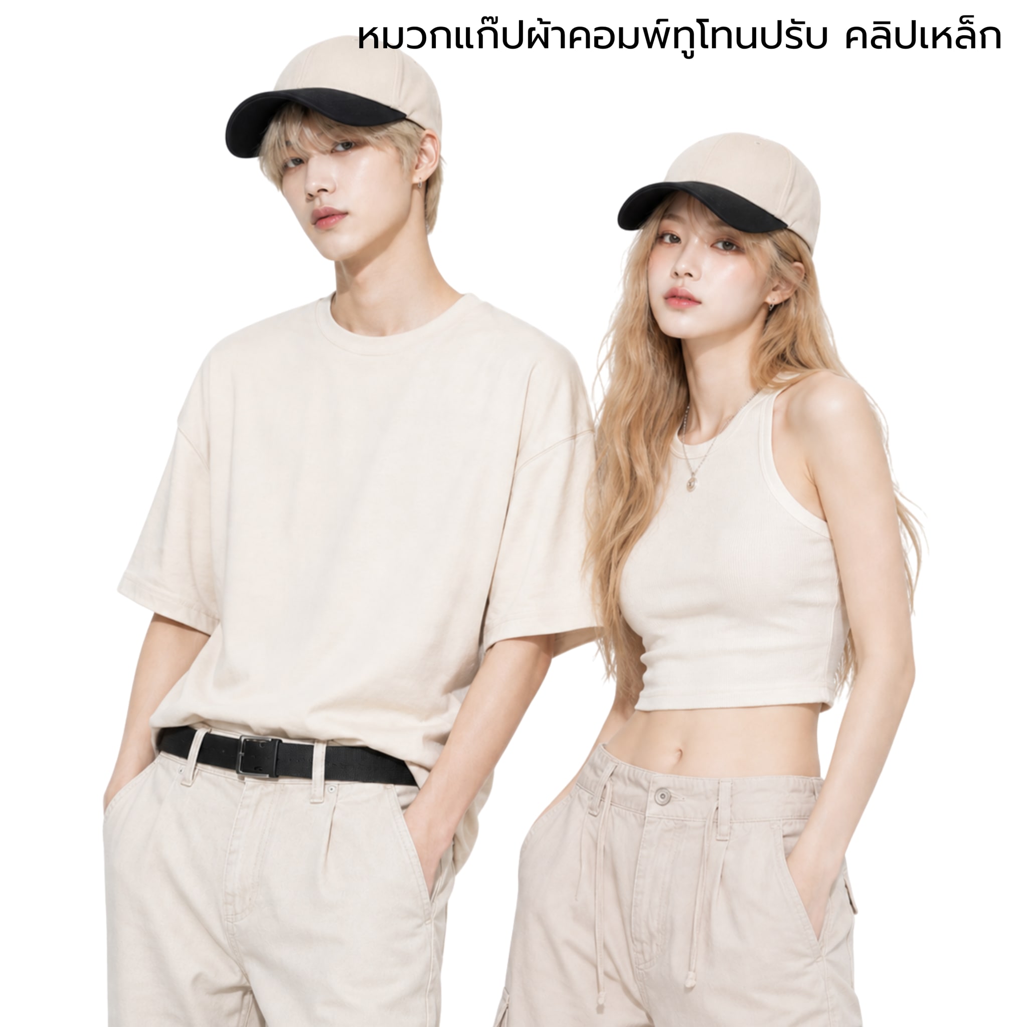DDPREMIUM┃หมวกเปล่า┃หมวกแก๊ปผ้าคอมพ์ ทูโทน┃ที่ปรับเข็มขัดเงิน┃บริการปักสกรีนตัวหนังสือโลโก้ — ภาพใส่จริง
